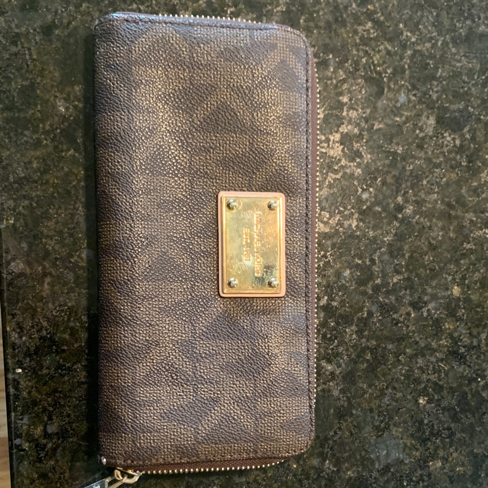 Brown Zip-Around Wallet with Gold Plate